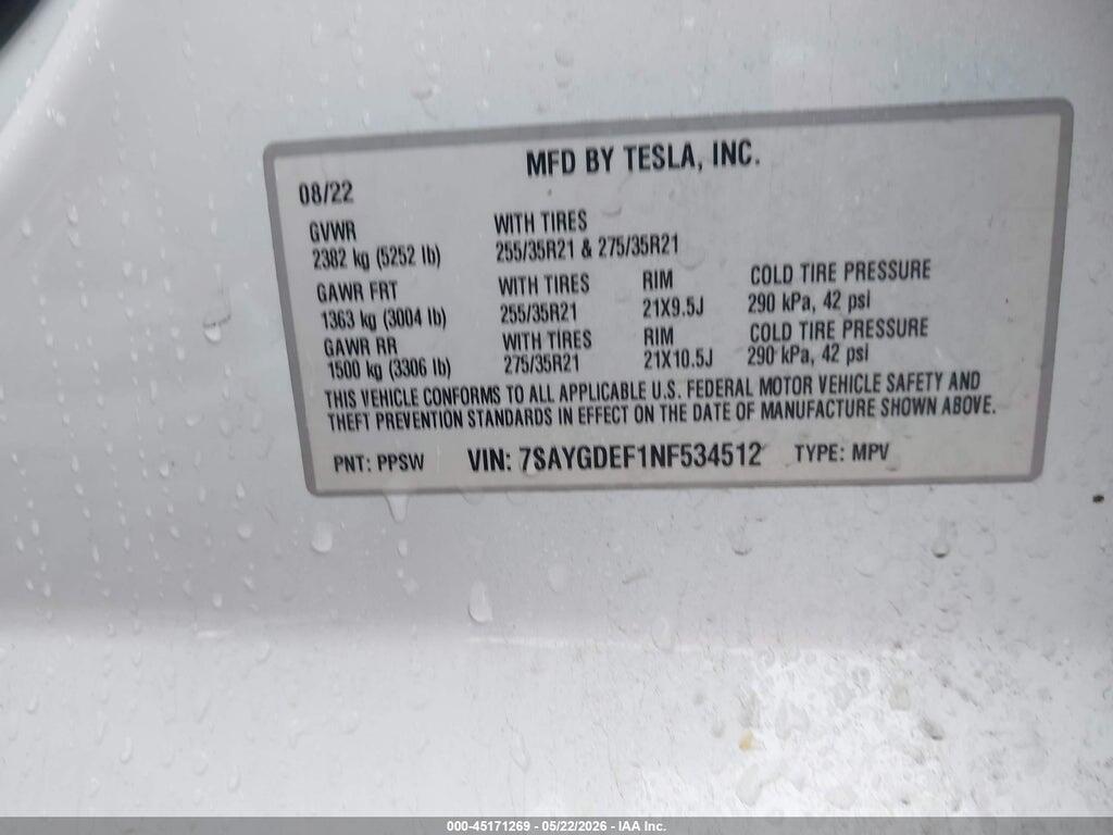 7SAYGDEF1NF534512 2022 TESLA MODEL Y photo no. 9