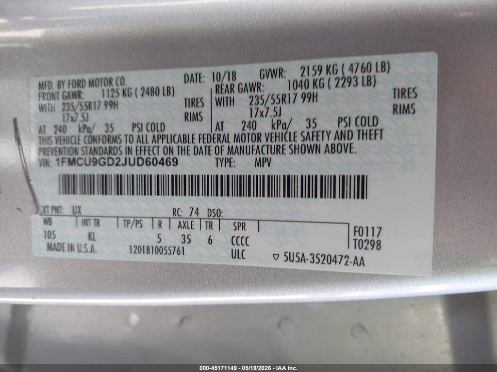 1FMCU9GD2JUD60469 2018 FORD ESCAPE photo no. 9