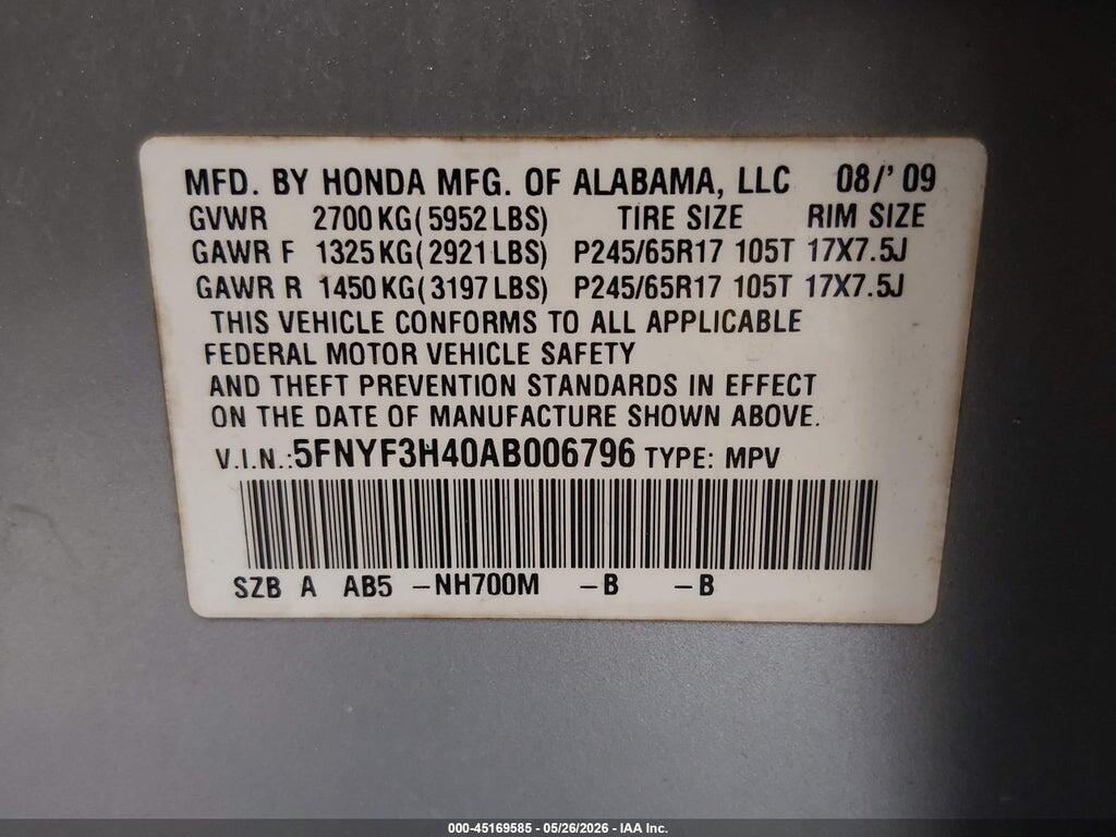 5FNYF3H40AB006796 2010 HONDA PILOT photo no. 9
