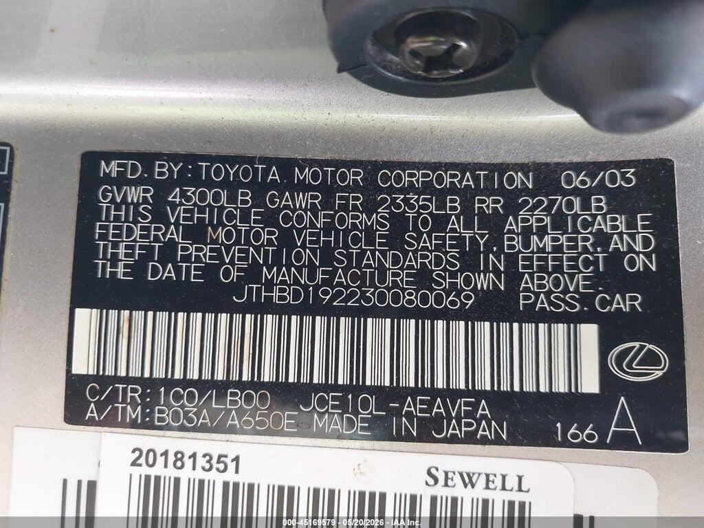 JTHBD192230080069 2003 LEXUS IS 300 photo no. 9