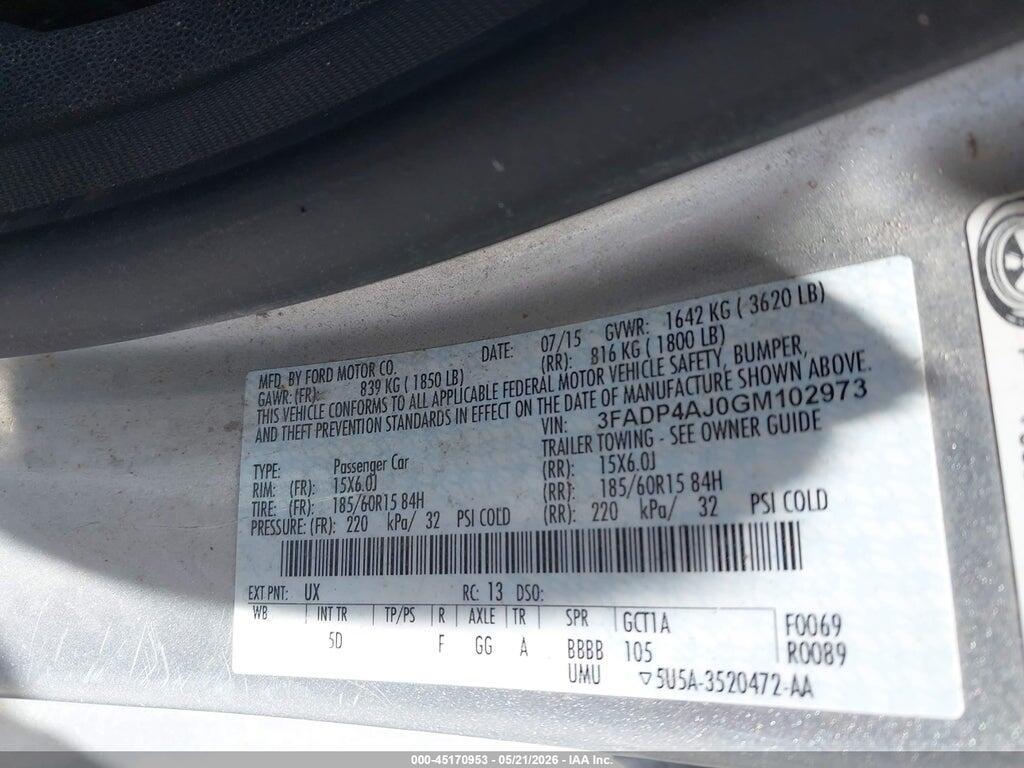 3FADP4AJ0GM102973 2016 FORD FIESTA photo no. 9