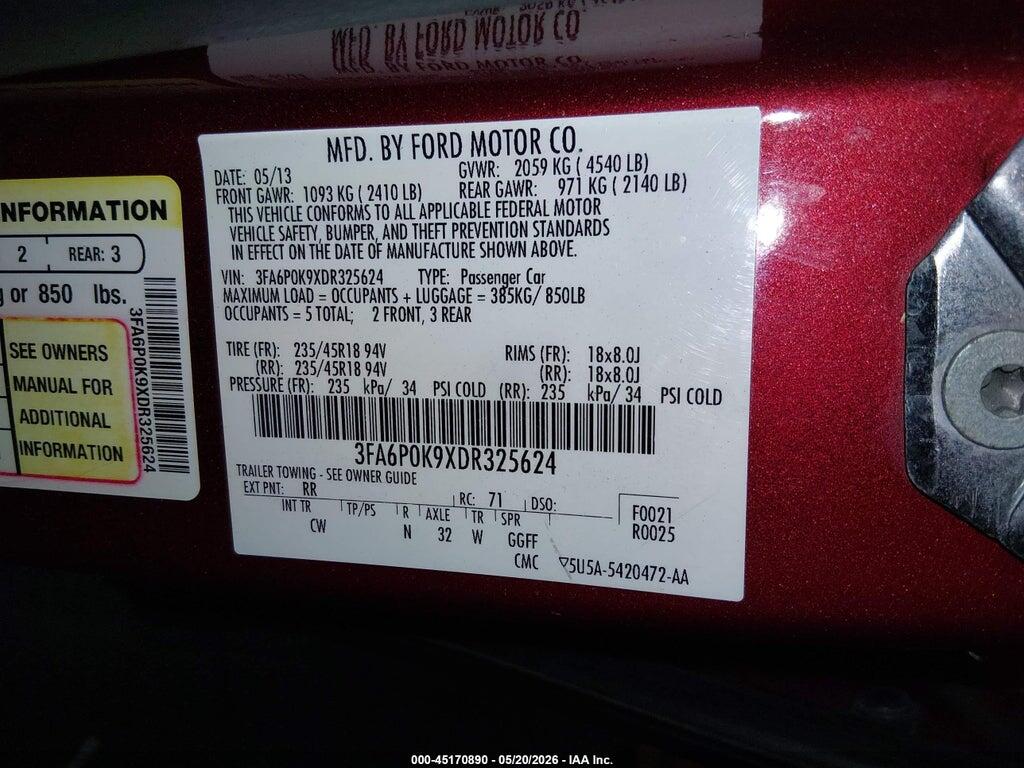 3FA6P0K9XDR325624 2013 FORD FUSION photo no. 9