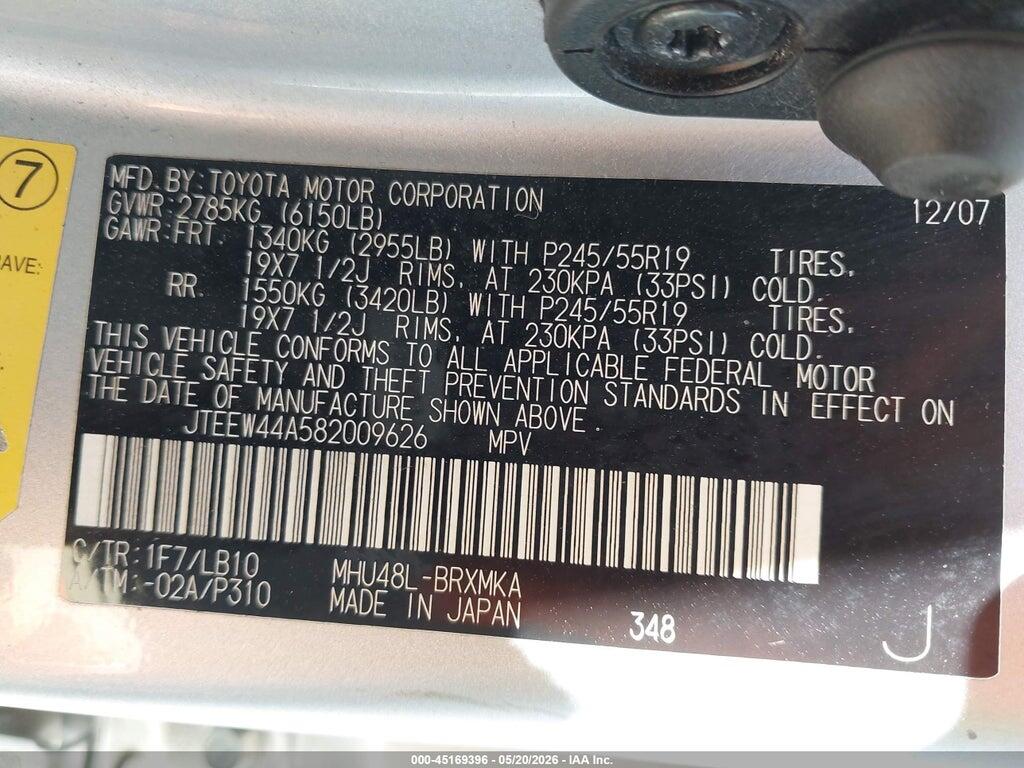JTEEW44A582009626 2008 TOYOTA HIGHLANDER HYBRID photo no. 9