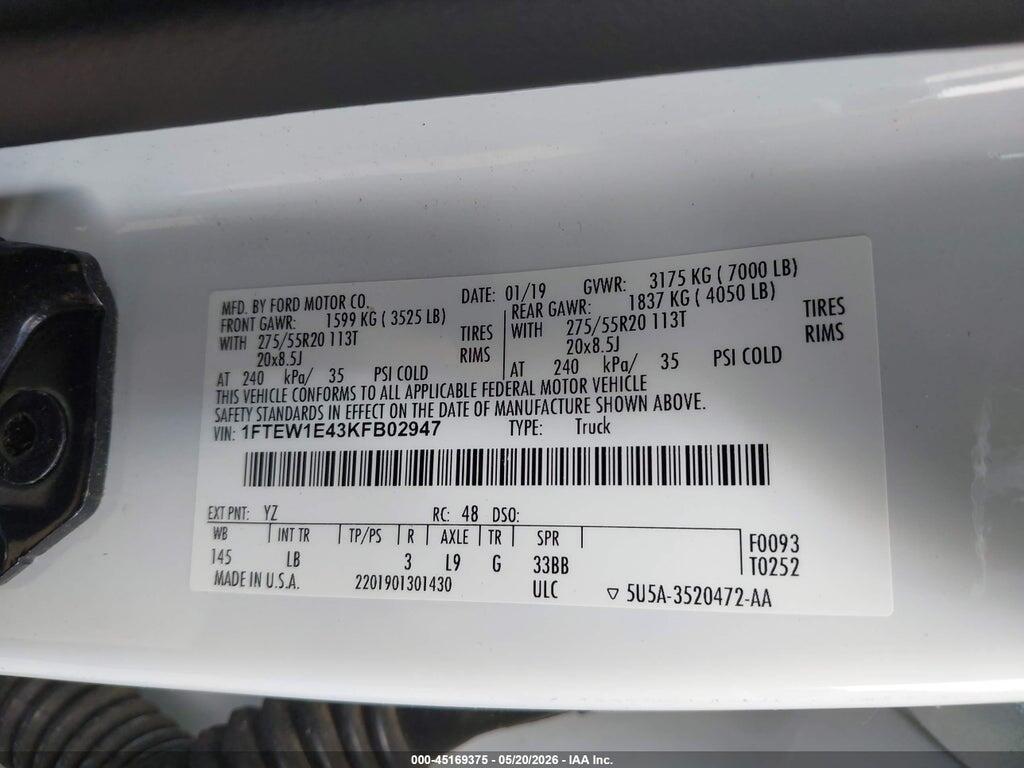 1FTEW1E43KFB02947 2019 FORD F-150 photo no. 9