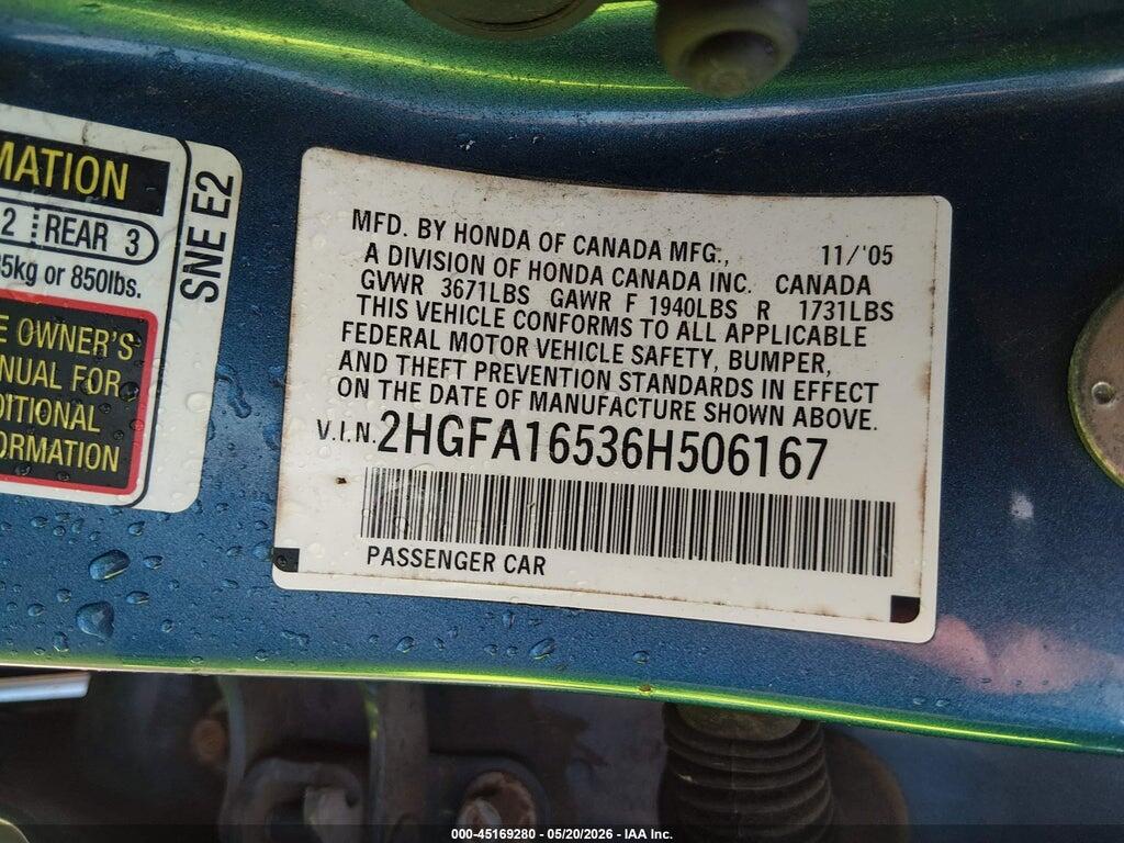 2HGFA16536H506167 2006 HONDA CIVIC photo no. 9