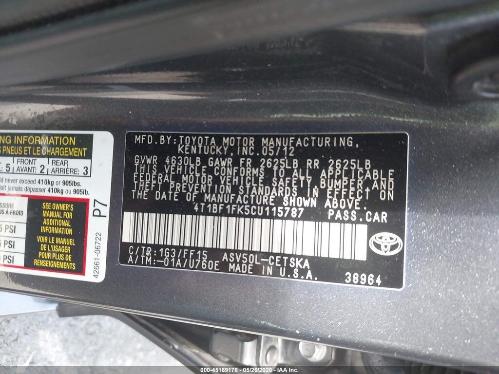 4T1BF1FK5CU115787 2012 TOYOTA CAMRY photo no. 9