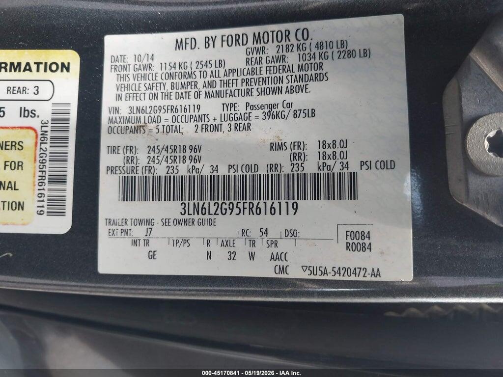 3LN6L2G95FR616119 2015 LINCOLN MKZ photo no. 9