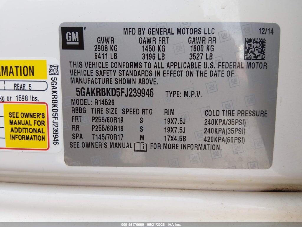 5GAKRBKD5FJ239946 2015 BUICK ENCLAVE photo no. 9
