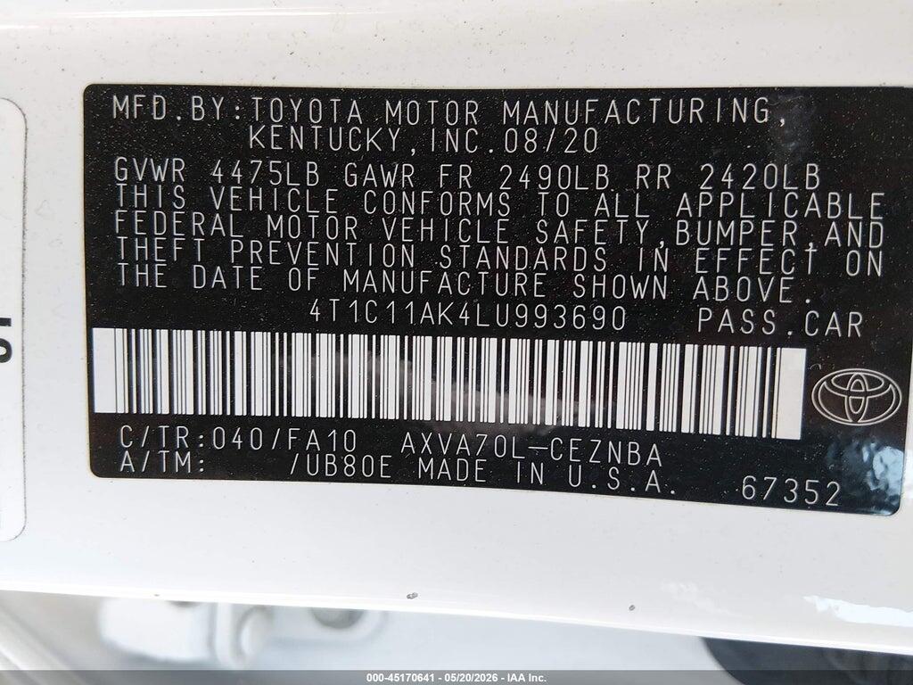 4T1C11AK4LU993690 2020 TOYOTA CAMRY photo no. 9