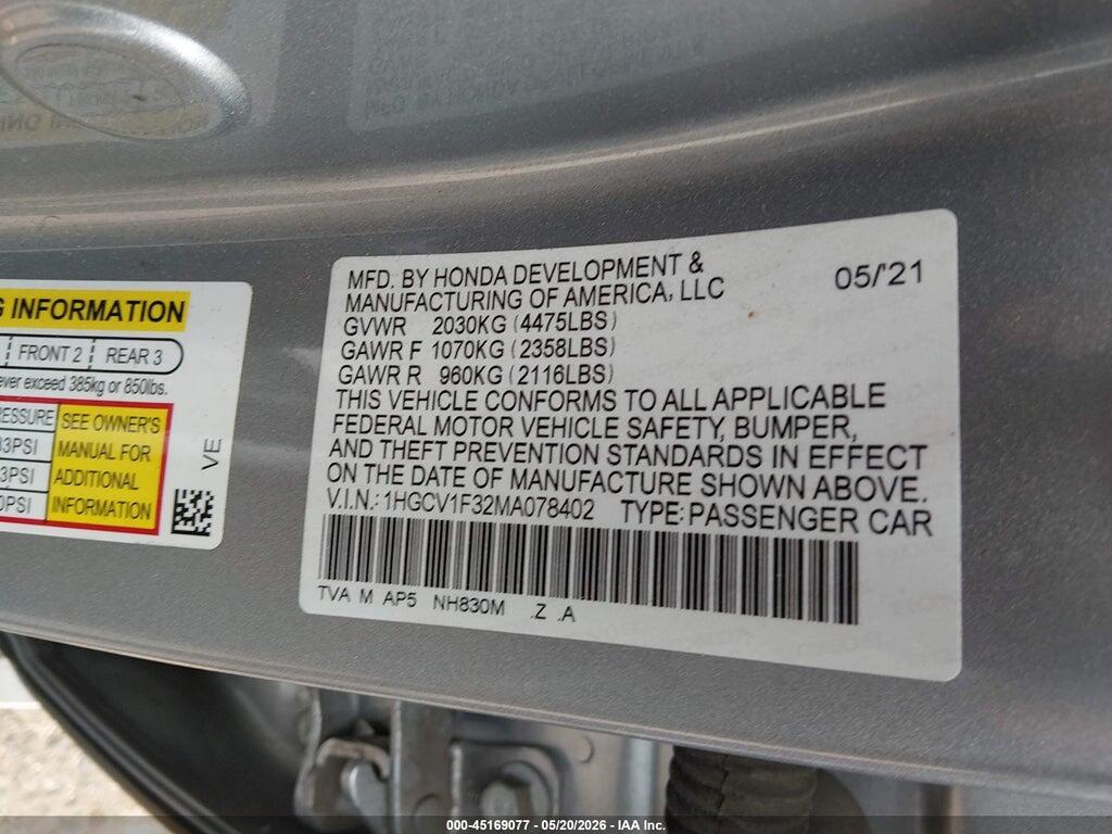 1HGCV1F32MA078402 2021 HONDA ACCORD photo no. 9