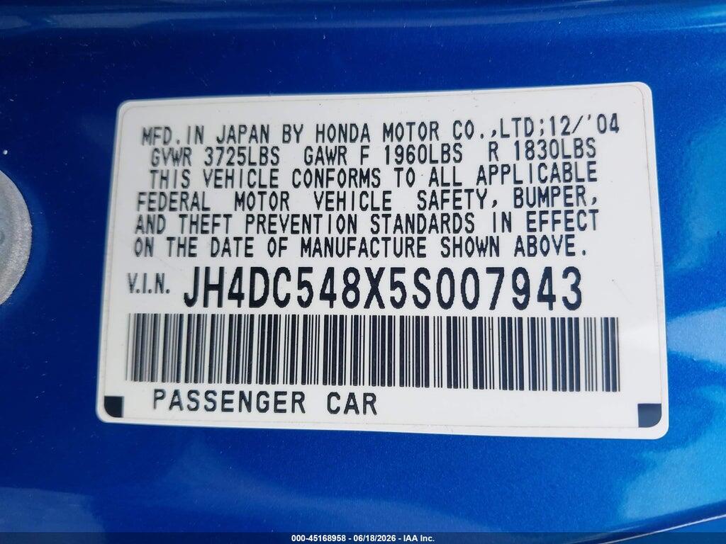 JH4DC548X5S007943 2005 ACURA RSX photo no. 9