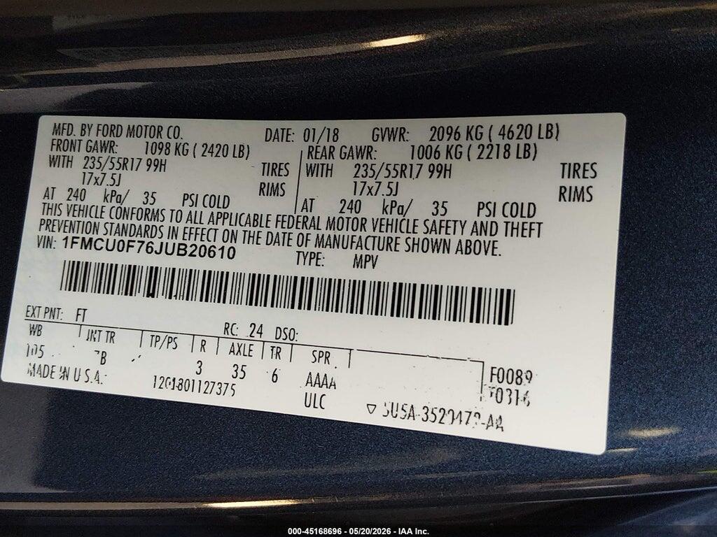 1FMCU0F76JUB20610 2018 FORD ESCAPE photo no. 9