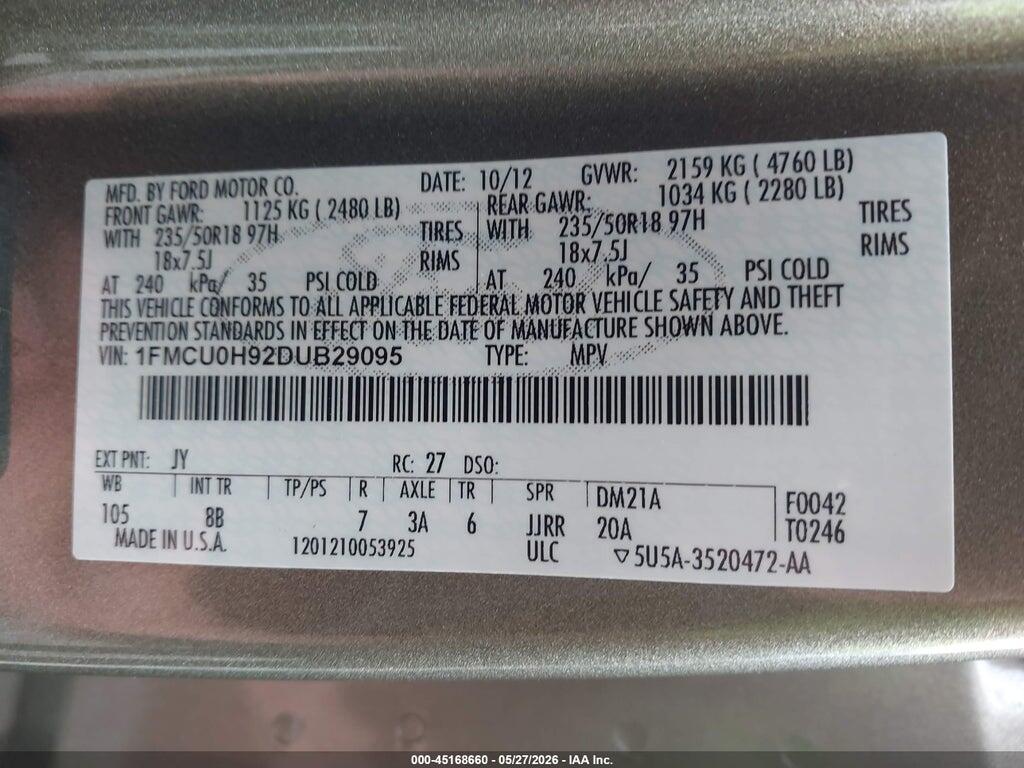 1FMCU0H92DUB29095 2013 FORD ESCAPE photo no. 9