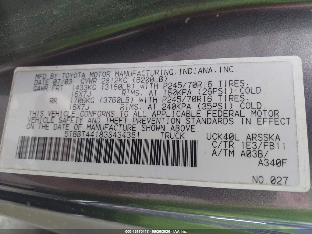 5TBBT44183S434381 2003 TOYOTA TUNDRA photo no. 9