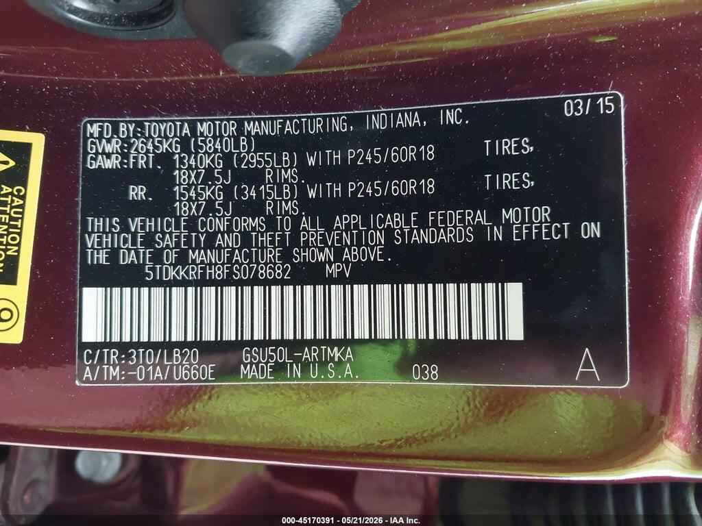5TDKKRFH8FS078682 2015 TOYOTA HIGHLANDER photo no. 9