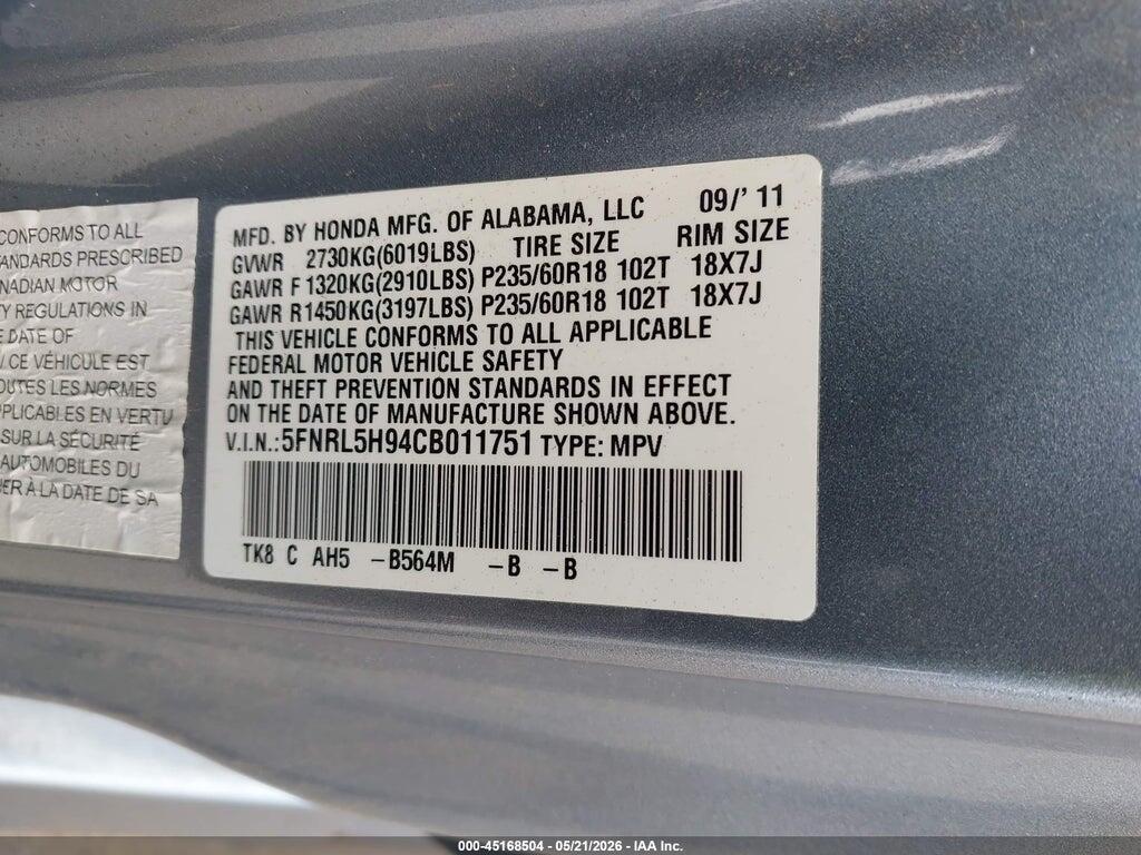 5FNRL5H94CB011751 2012 HONDA ODYSSEY photo no. 9