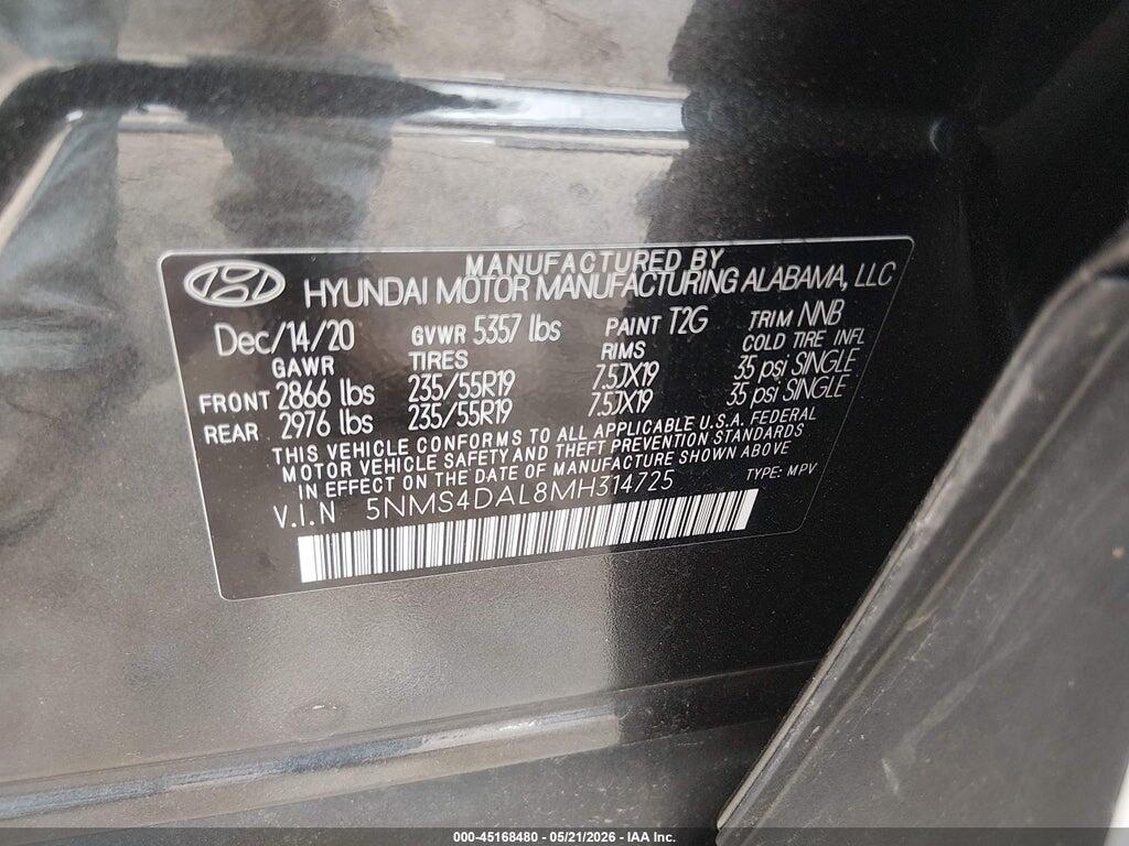 5NMS4DAL8MH314725 2021 HYUNDAI SANTA FE photo no. 9