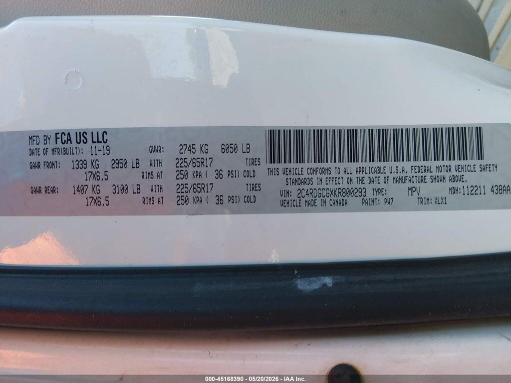 2C4RDGCGXKR800293 2019 DODGE GRAND CARAVAN photo no. 9