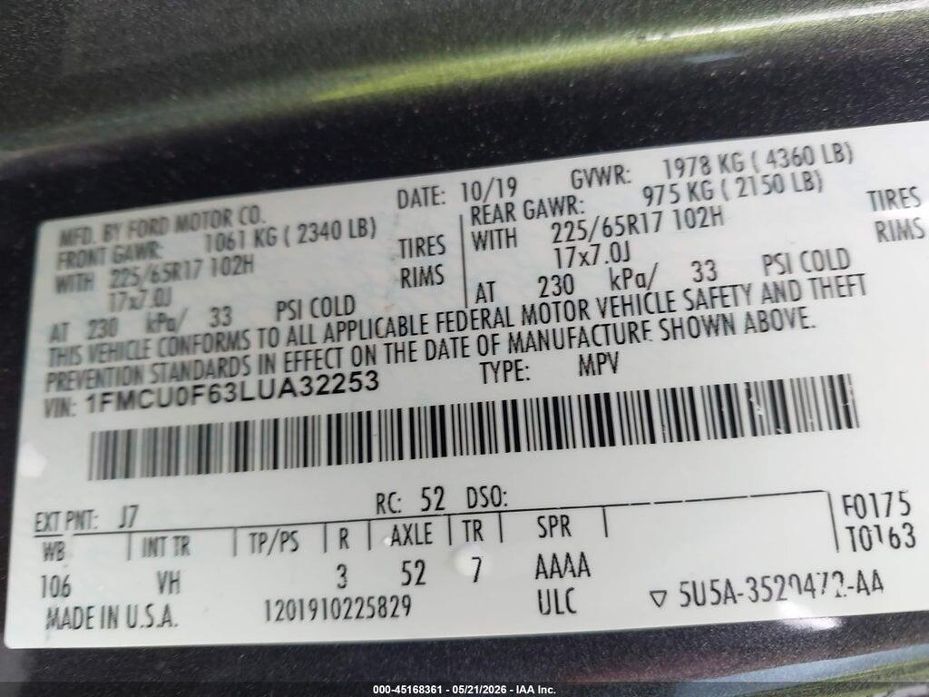 1FMCU0F63LUA32253 2020 FORD ESCAPE photo no. 9