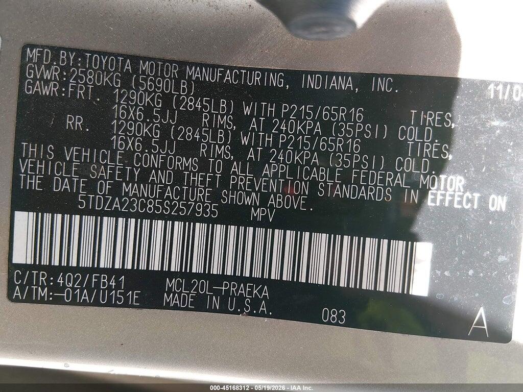 5TDZA23C85S257935 2005 TOYOTA SIENNA photo no. 9