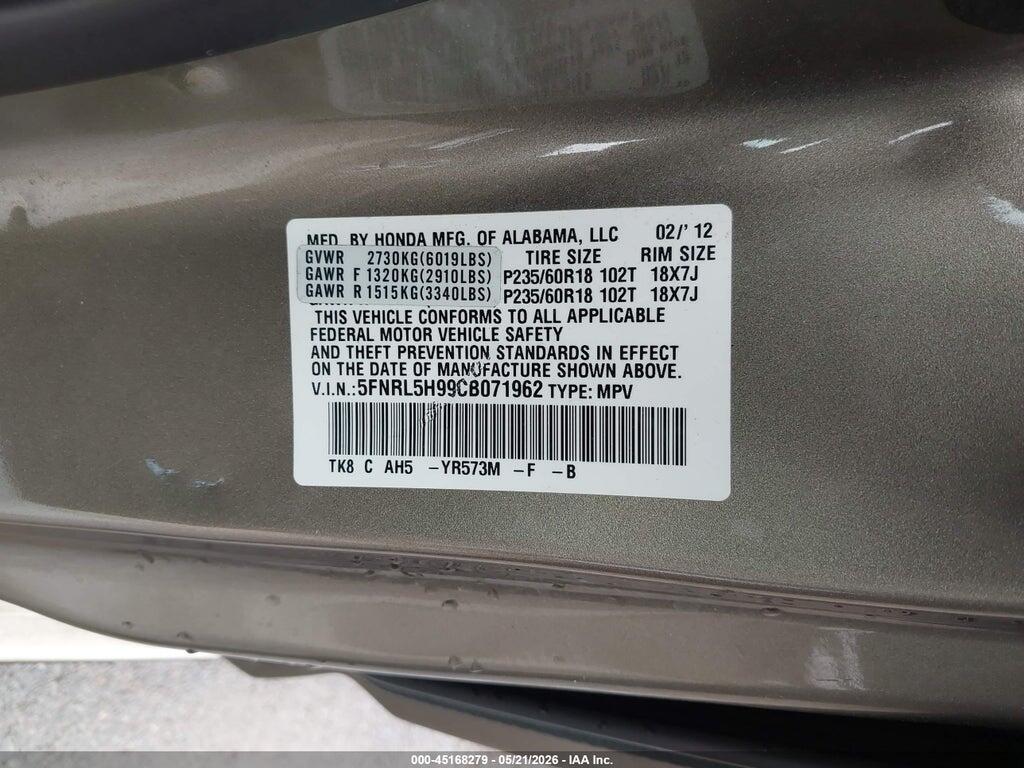 5FNRL5H99CB071962 2012 HONDA ODYSSEY photo no. 9