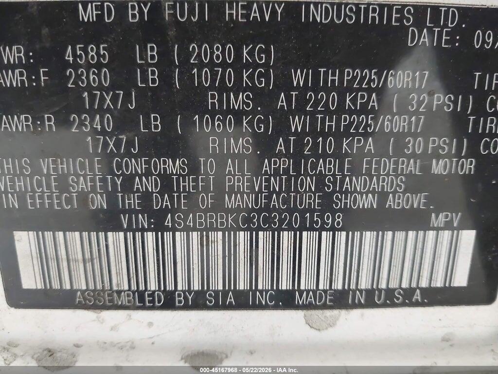 4S4BRBKC3C3201598 2012 SUBARU OUTBACK photo no. 9