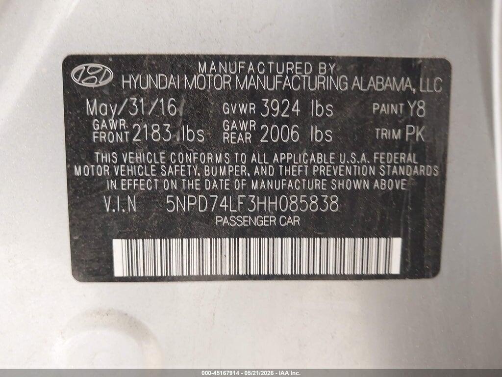 5NPD74LF3HH085838 2017 HYUNDAI ELANTRA photo no. 9