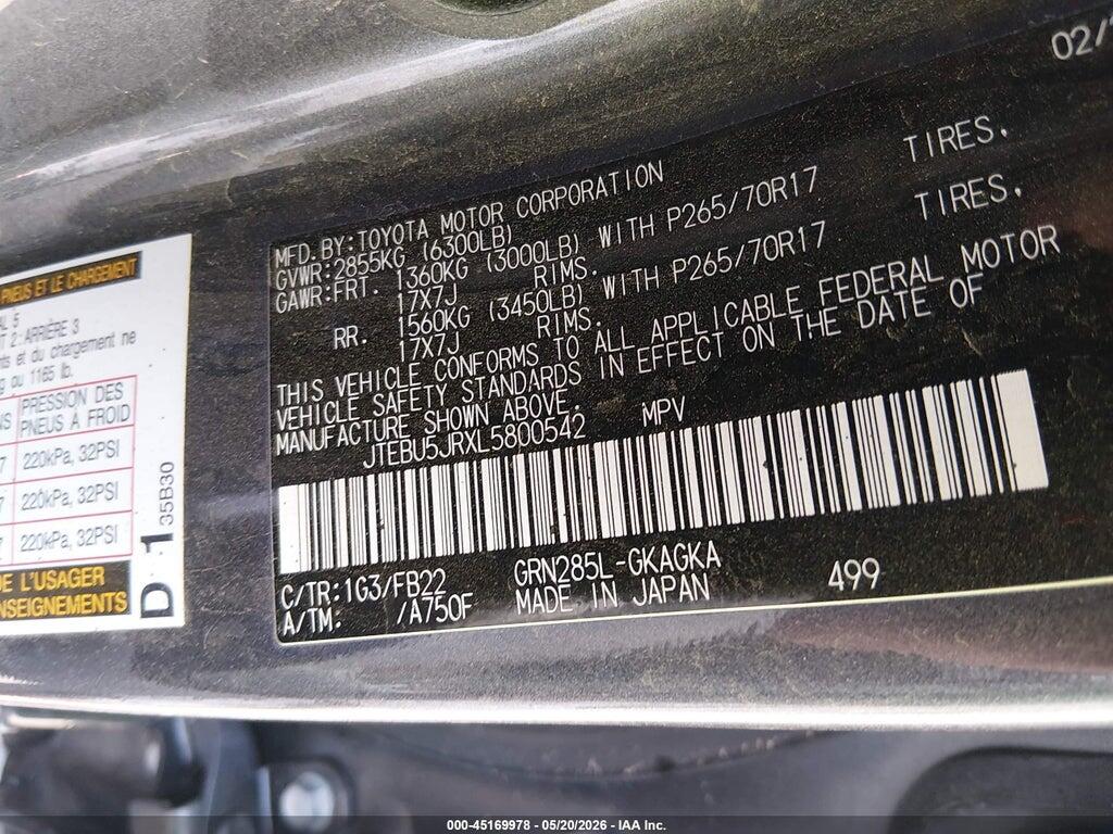 JTEBU5JRXL5800542 2020 TOYOTA 4RUNNER photo no. 9