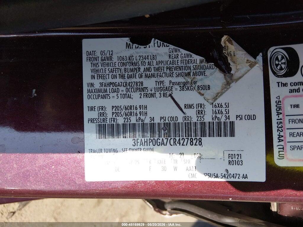 3FAHP0GA7CR427828 2012 FORD FUSION photo no. 9