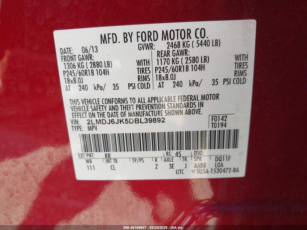 2LMDJ6JK5DBL39892 2013 LINCOLN MKX photo no. 9
