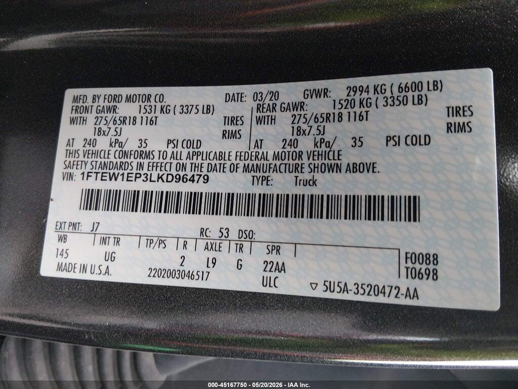 1FTEW1EP3LKD96479 2020 FORD F-150 photo no. 9