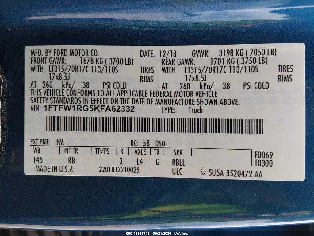 1FTFW1RG5KFA62332 2019 FORD F-150 photo no. 9
