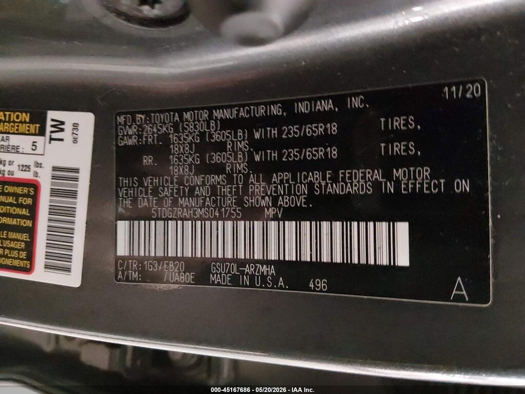 5TDGZRAH3MS041755 2021 TOYOTA HIGHLANDER photo no. 9