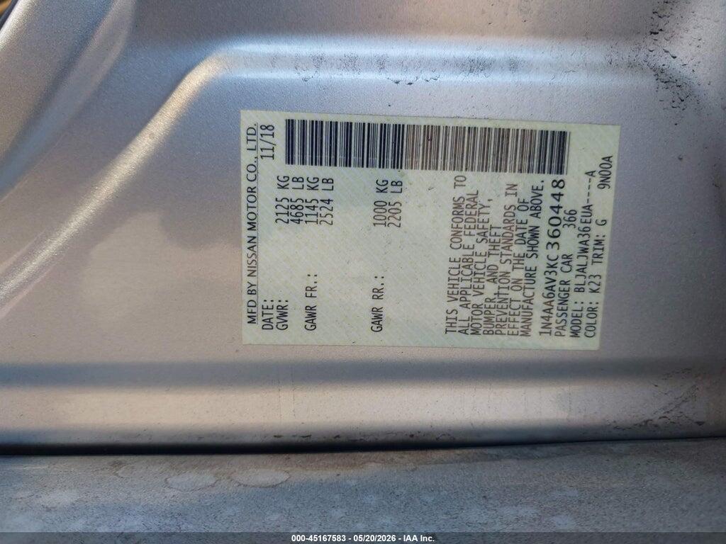 1N4AA6AV3KC360448 2019 NISSAN MAXIMA photo no. 9