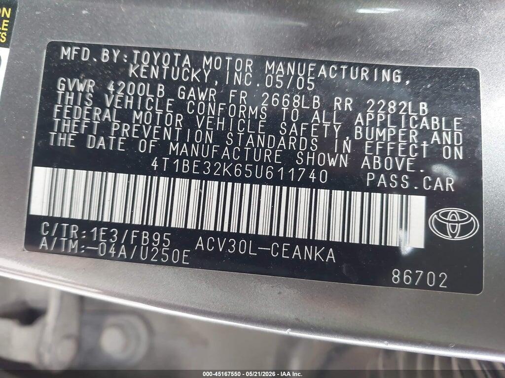 4T1BE32K65U611740 2005 TOYOTA CAMRY photo no. 9