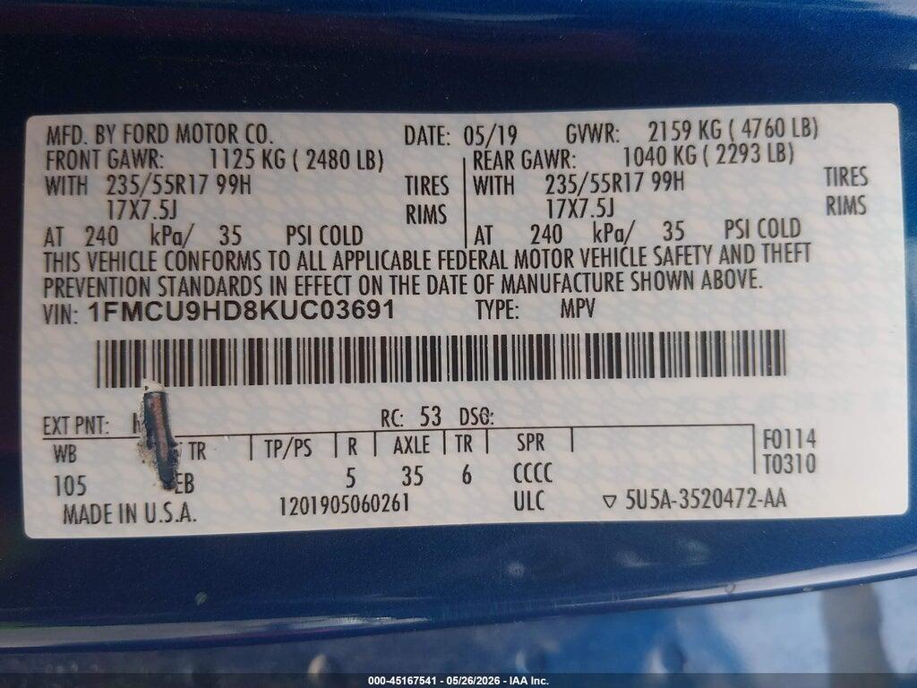1FMCU9HD8KUC03691 2019 FORD ESCAPE photo no. 9