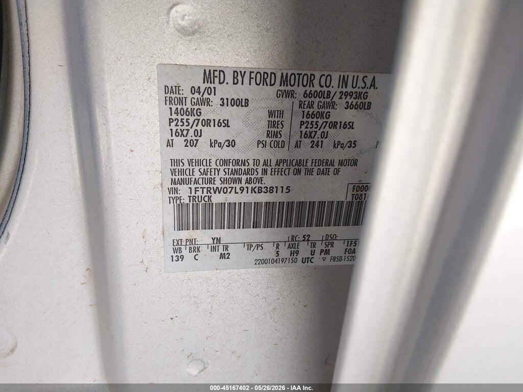 1FTRW07L91KB38115 2001 FORD F-150 photo no. 9