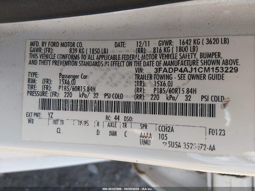 3FADP4AJ1CM153229 2012 FORD FIESTA photo no. 9