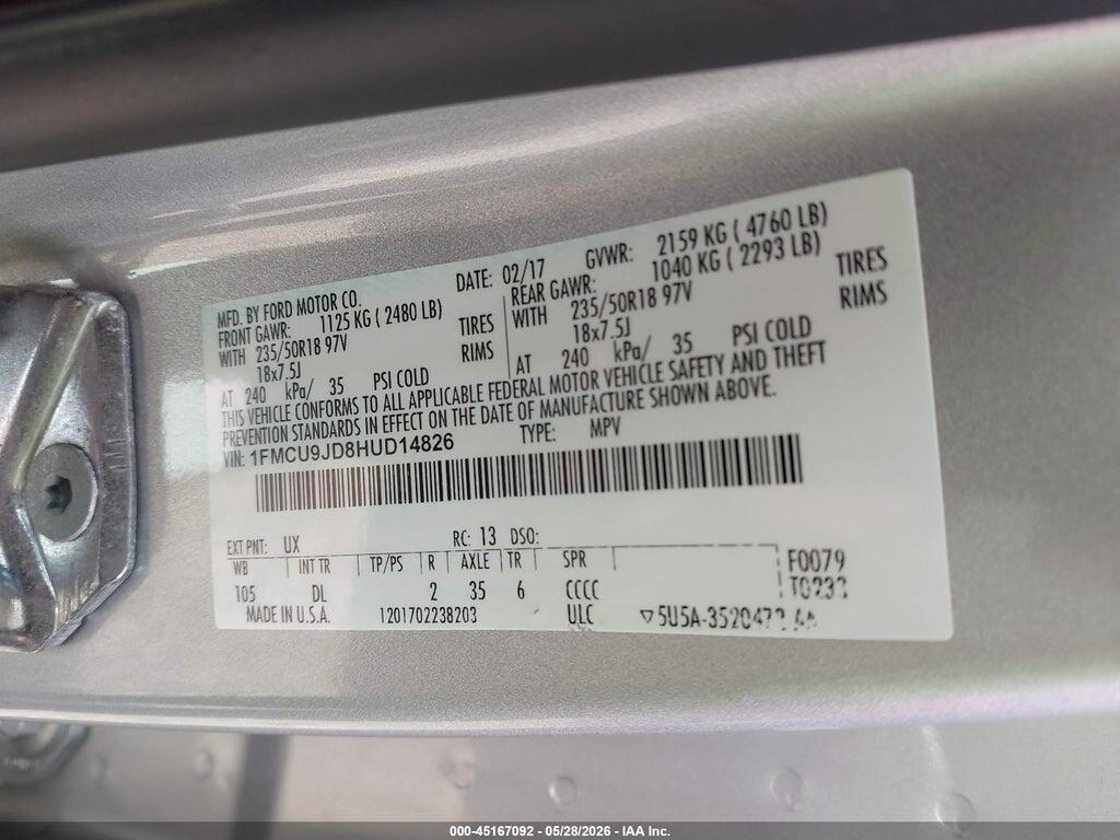 1FMCU9JD8HUD14826 2017 FORD ESCAPE photo no. 9
