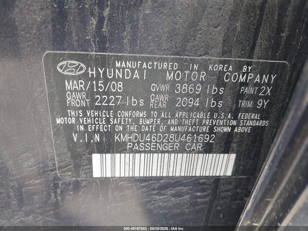 KMHDU46D28U461692 2008 HYUNDAI ELANTRA photo no. 9