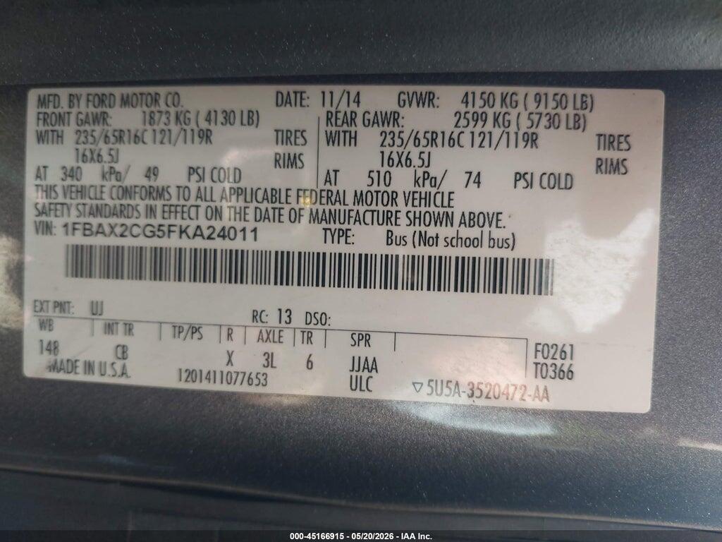 1FBAX2CG5FKA24011 2015 FORD TRANSIT-350 photo no. 9