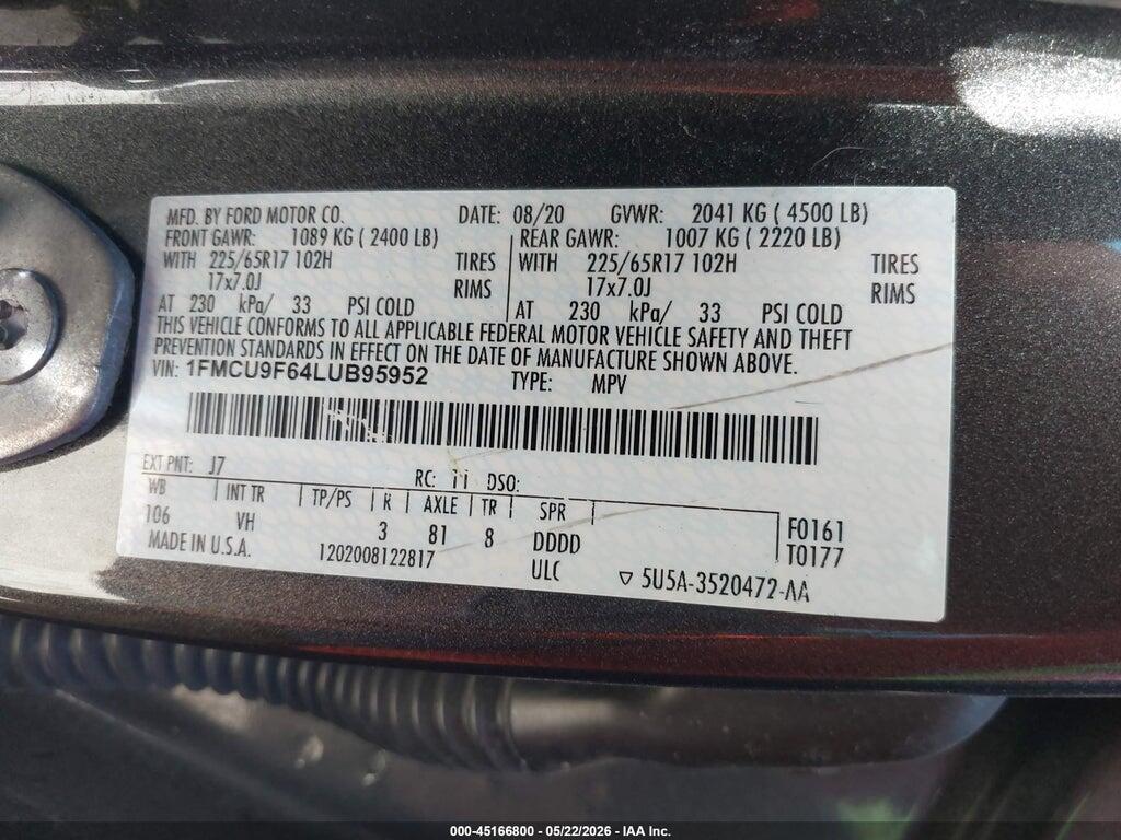 1FMCU9F64LUB95952 2020 FORD ESCAPE photo no. 9