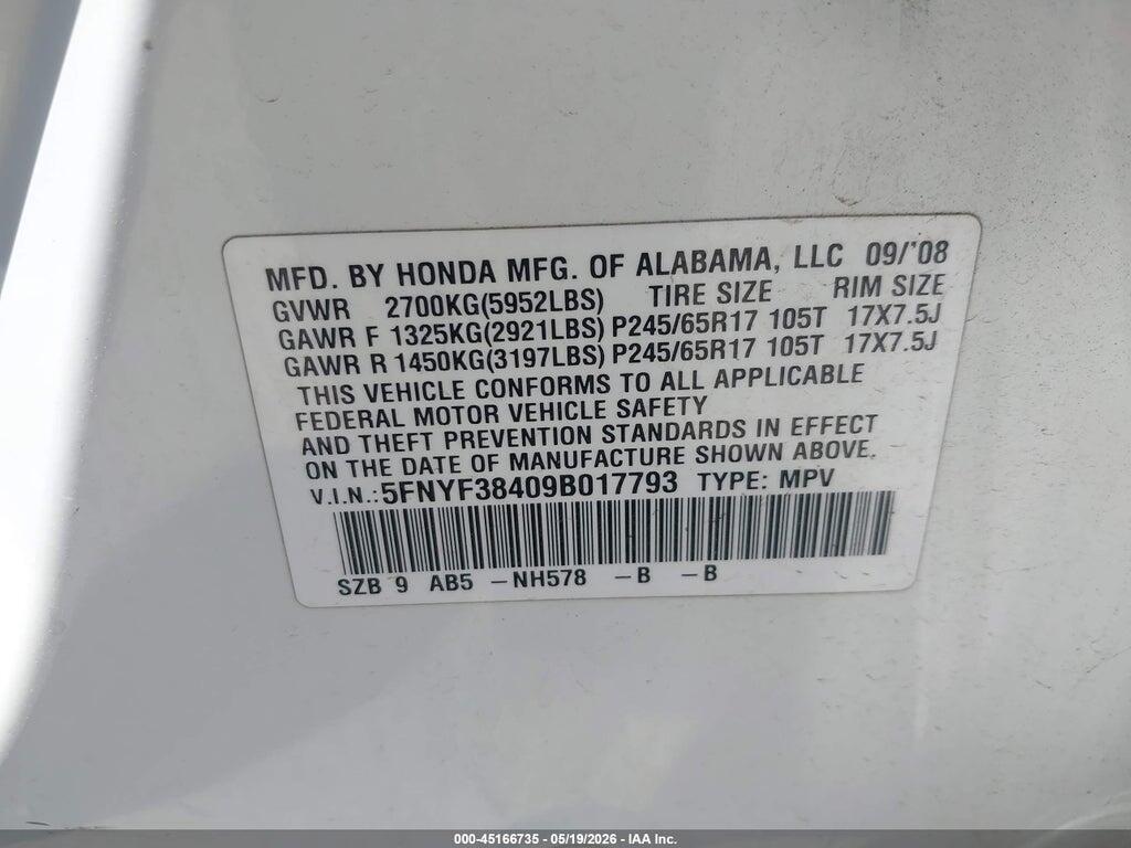 5FNYF38409B017793 2009 HONDA PILOT photo no. 9