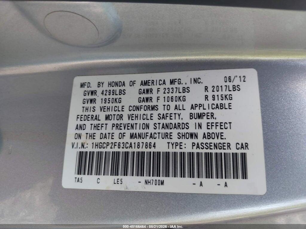1HGCP2F63CA187864 2012 HONDA ACCORD photo no. 9