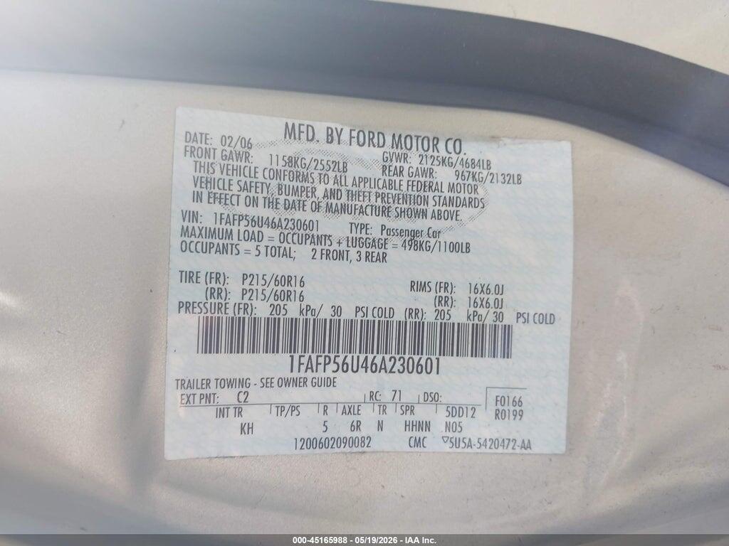 1FAFP56U46A230601 2006 FORD TAURUS photo no. 9