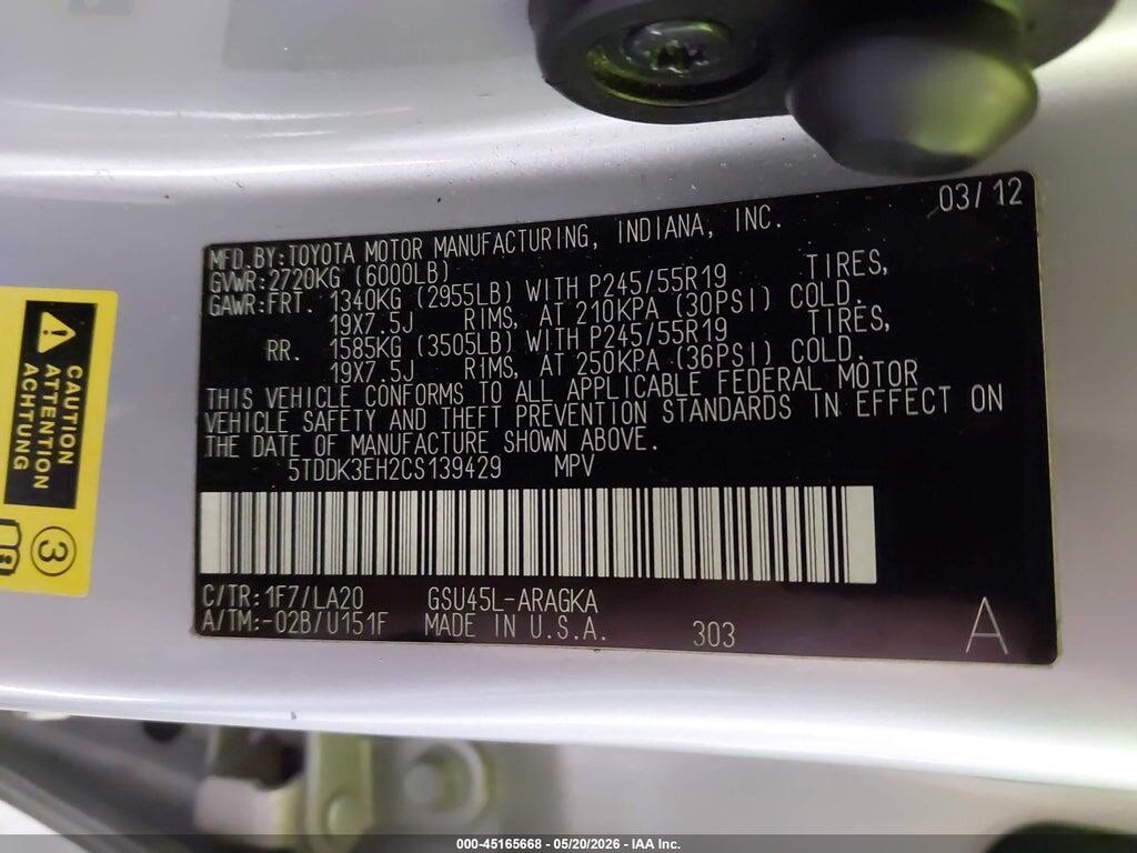 5TDDK3EH2CS139429 2012 TOYOTA HIGHLANDER photo no. 9