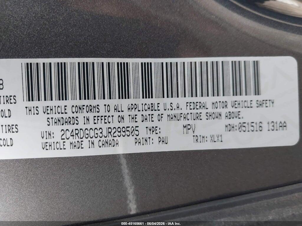 2C4RDGCG3JR299505 2018 DODGE GRAND CARAVAN photo no. 9