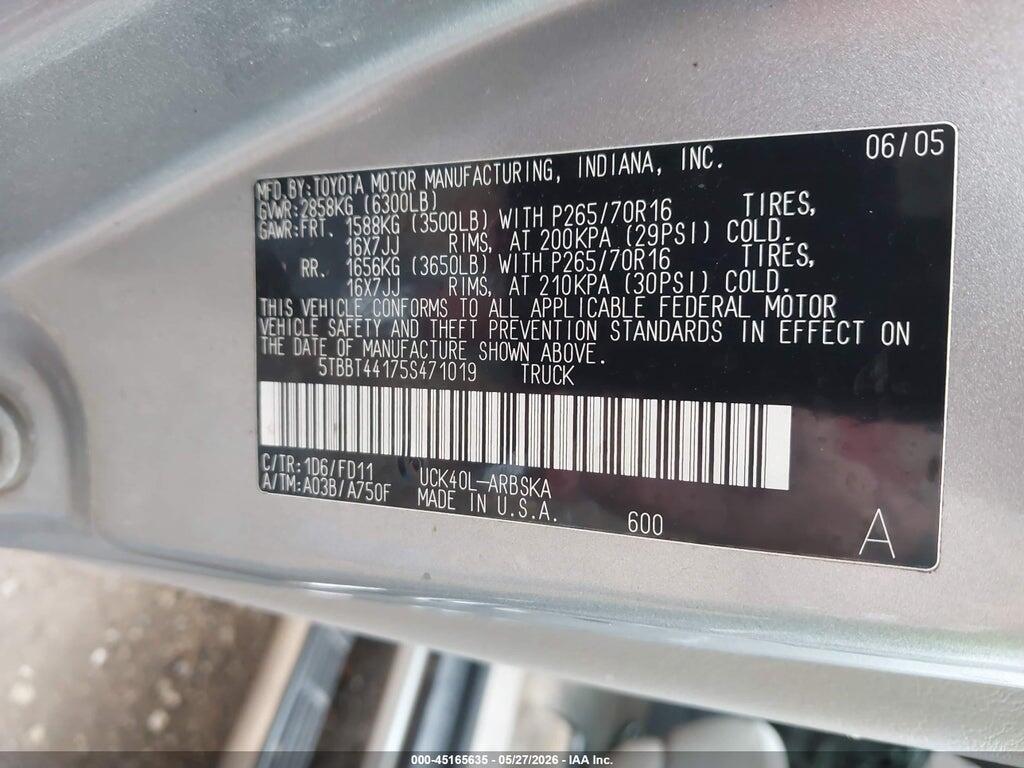 5TBBT44175S471019 2005 TOYOTA TUNDRA photo no. 9
