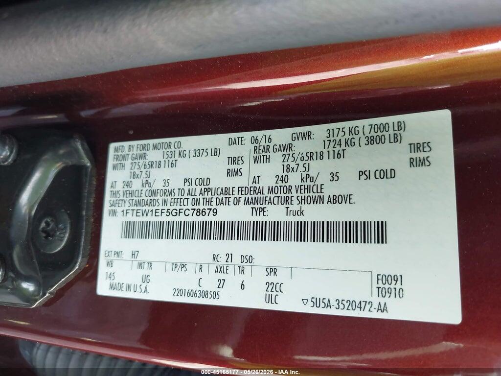 1FTEW1EF5GFC78679 2016 FORD F-150 photo no. 9