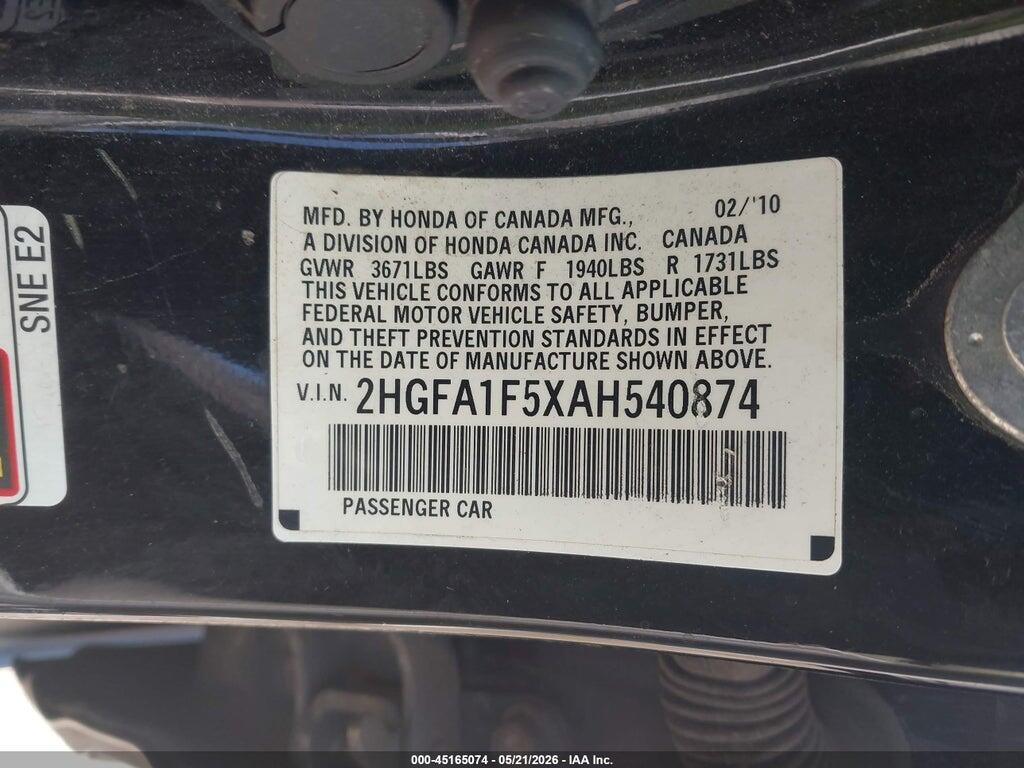 2HGFA1F5XAH540874 2010 HONDA CIVIC photo no. 9